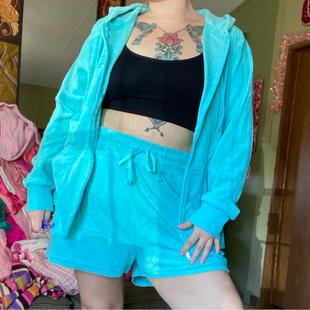Bright blue velour sweater and shorts set